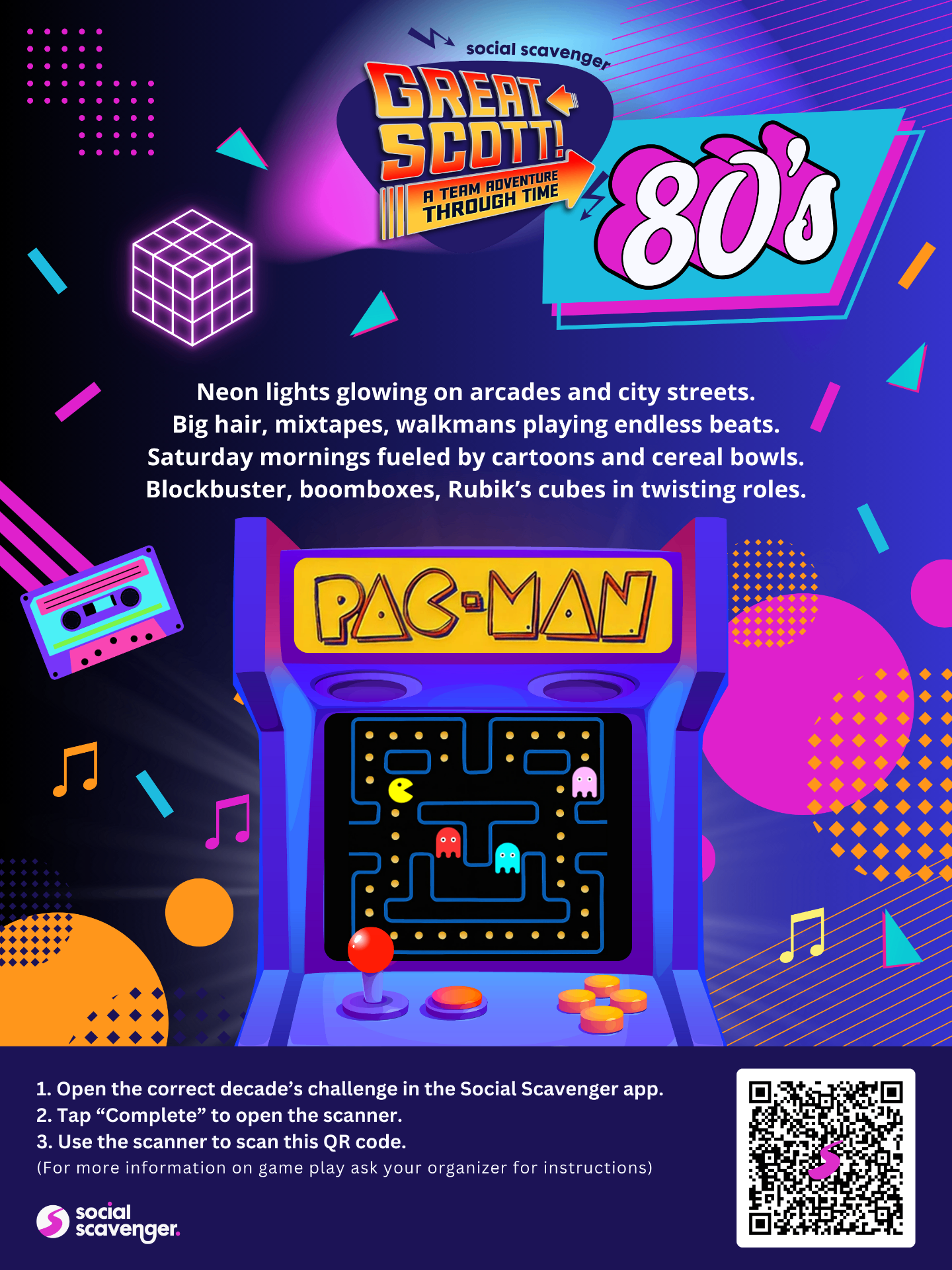 Decade posters from Great Scott!, featuring 80s and 90s pop culture references.